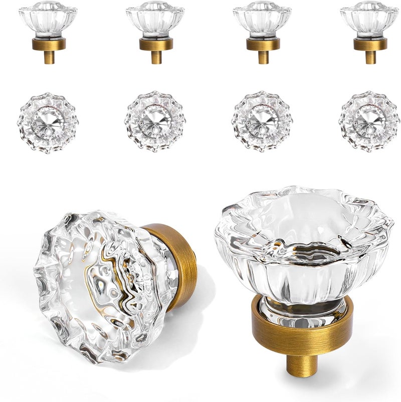 CEYMIO Vintage Cabinet Knobs Crystal Cabinets Knob 8 Pack, Antique Brass Small Pull Clear Crystal For Closet Dresser Drawers Cupboard Wardrobe, Solid Alloy Retro Pulls Single-Hole Old Fashioned Handle - Image 1