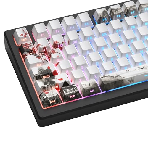 COSTOM Womier PBT Keycaps Set 130 Keys, Custom White Japanese Keyboard Doubleshot Dye Sub Side Print Shine Through Keycaps 60 65 75 100 Percent, Cherry Profile, Cherry Blossom - Image 1