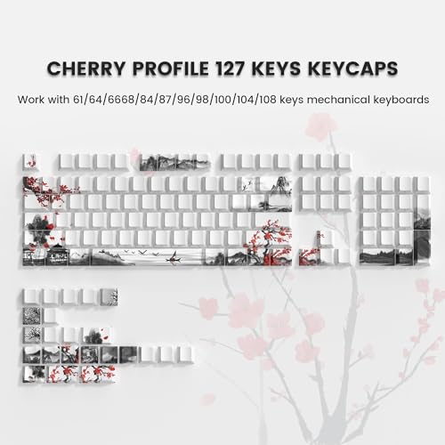 COSTOM Womier PBT Keycaps Set 130 Keys, Custom White Japanese Keyboard Doubleshot Dye Sub Side Print Shine Through Keycaps 60 65 75 100 Percent, Cherry Profile, Cherry Blossom - Image 2