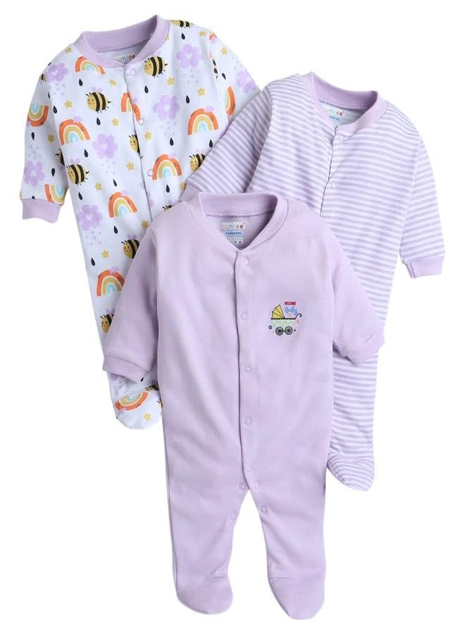 BUMZEE Lavender & White Baby Girls Full Sleeves Sleepsuit Pack of 3 Age - New Born (Peb10049A-lvd) - Image 1