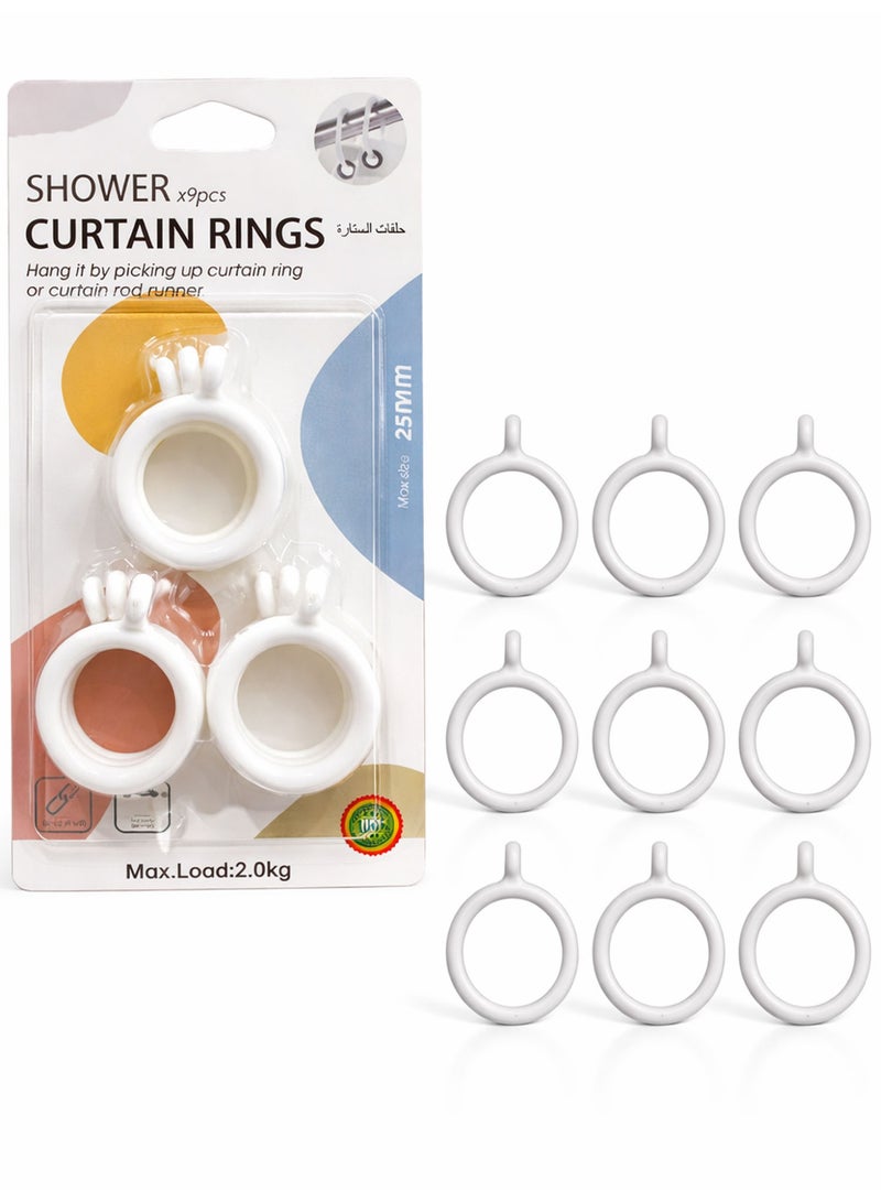 9 PCS White Plastic Curtain Rings 25mm Inner Diameter, Shower Curtain Rings, Smooth Glide Curtain Hooks for Bathroom, Window & Home Use - Image 1