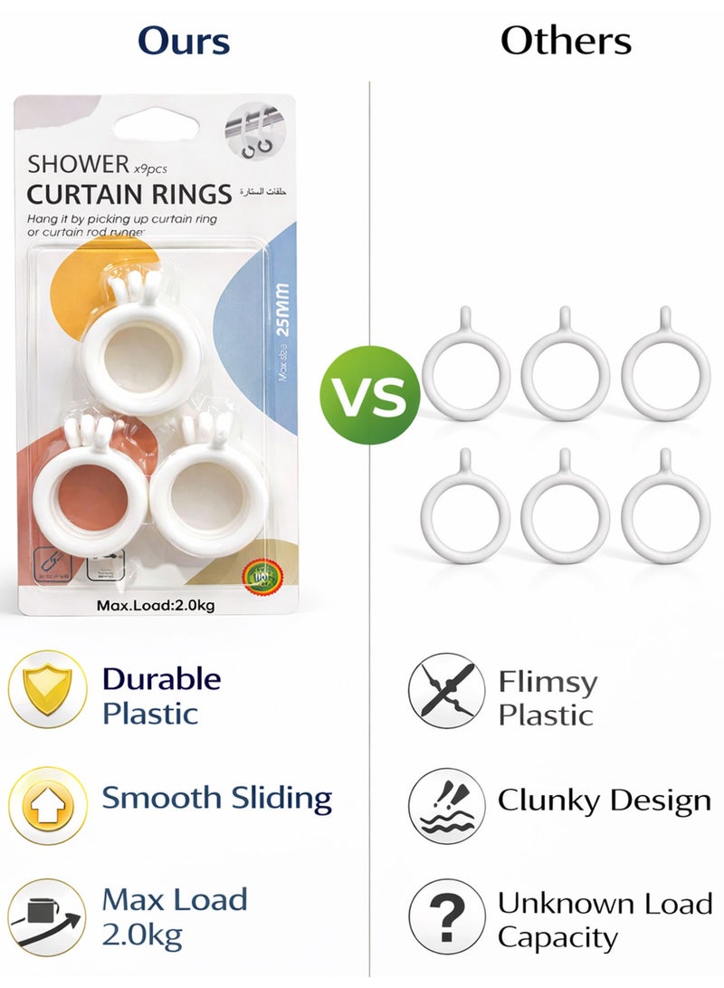 9 PCS White Plastic Curtain Rings 25mm Inner Diameter, Shower Curtain Rings, Smooth Glide Curtain Hooks for Bathroom, Window & Home Use - Image 5