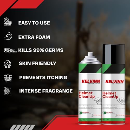 KELVINN Helmet Cleaner Spray 300ml Pack of 2, Quick Dry Anti Odor Anti Bacterial Foam for Helmet Interior Exterior, Removes Sweat Dirt Smell, Safe for Skin Hair, Deep Clean Helmet Care - Image 2