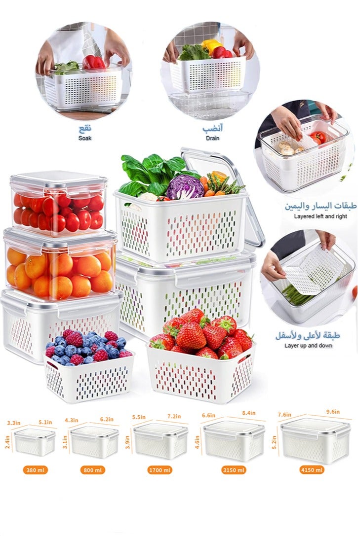 Yoawllty 5Pcs Fridge Organizer with Removable Draining Colanders and Lid, Fridge Storage Organizer for Fruit, Vegetables, Berry and Meat Keeper Fresh(White)  - Image 1