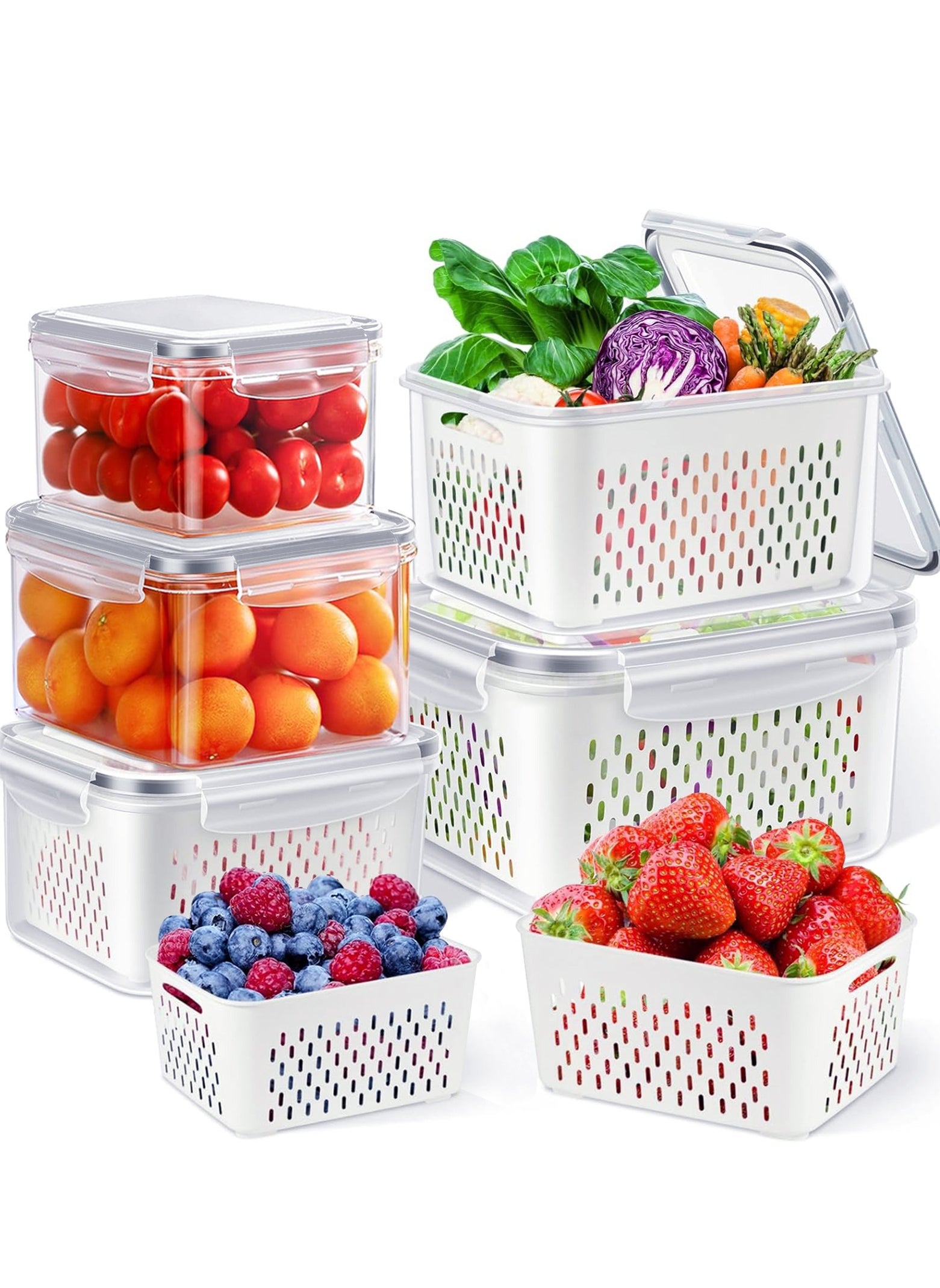 5-Pack Fruit Storage Containers for Fridge with Removable Colanders, 4 in 1 Produce Storage Containers with Lid for Salad Berry Lettuce Vegetables Meat Keeper 