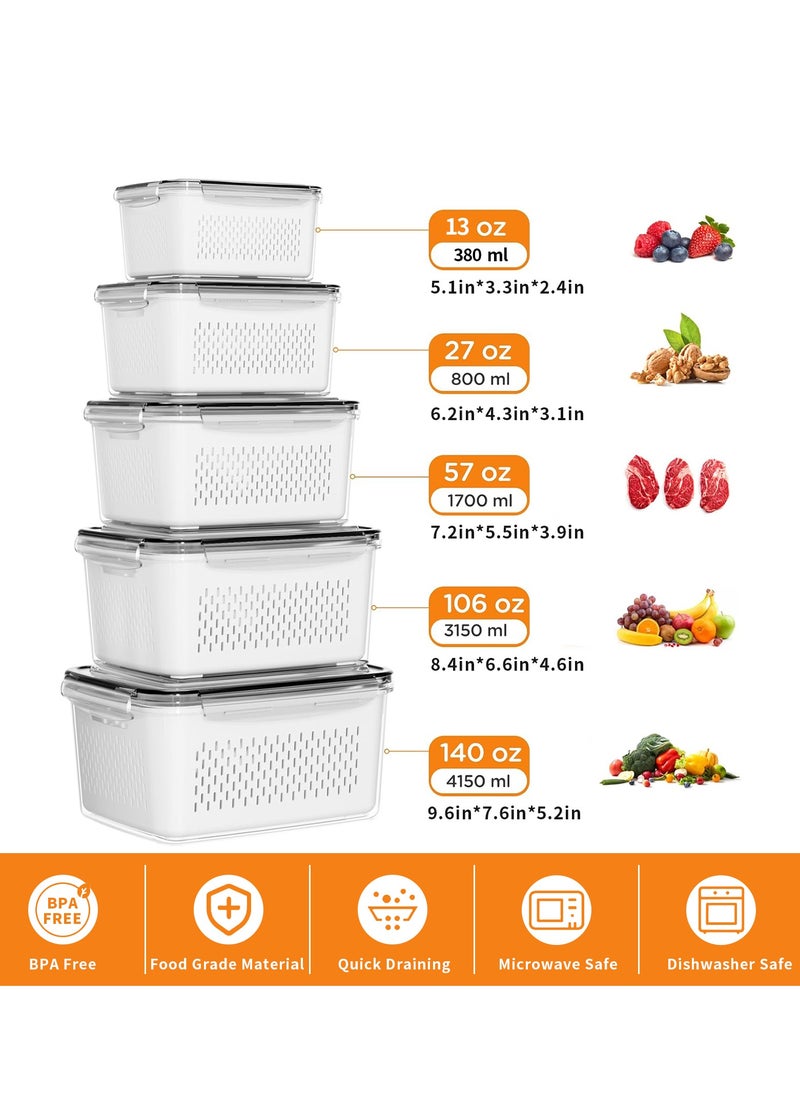 Yoawllty - 5Pcs Food Storage, Fridge Storage Organizer with Removable Draining Colanders and Lid, Leakproof Fridge Organizer for Fruit, Vegetables, Salad, Berry, Lettuce and Meat Keeper Fresh - Image 1