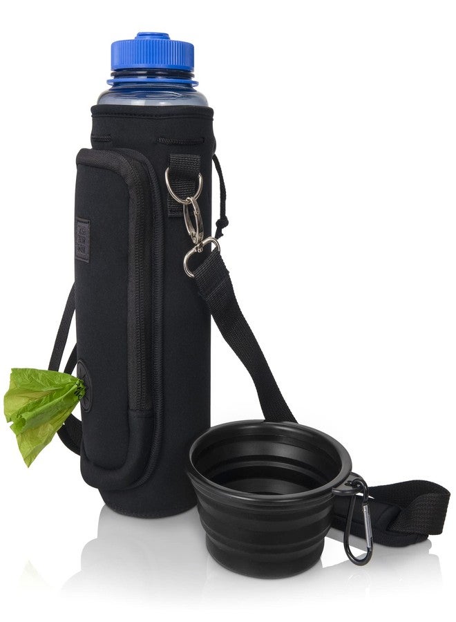 Made Easy Kit Water Bottle Carrier with Pocket for Dog Poop Waste Bags and Adjustable Padded Shoulder Strap (Tall & Large (40oz) with Bowl, Black) - Image 1