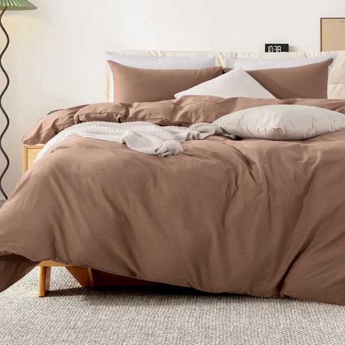 DUVET COVER SET 100 WASHED COTTON OVERSIZED KING 120X98 LINEN FEEL TEXTURED ORGANIC NATURAL 3 PIECES BEDDING SET MOCHA BROWN WITH ZIPPER CLOSURE BREATHABLENO COMFORTER