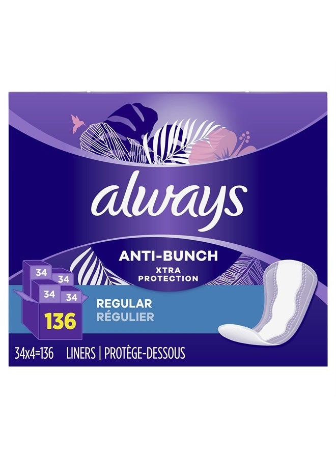 Always Anti-Bunch Xtra Protection Daily Liners, Regular Length, Unscented, 34 Count x 4 (136 Count Total) (Packaging May Vary) - Image 1
