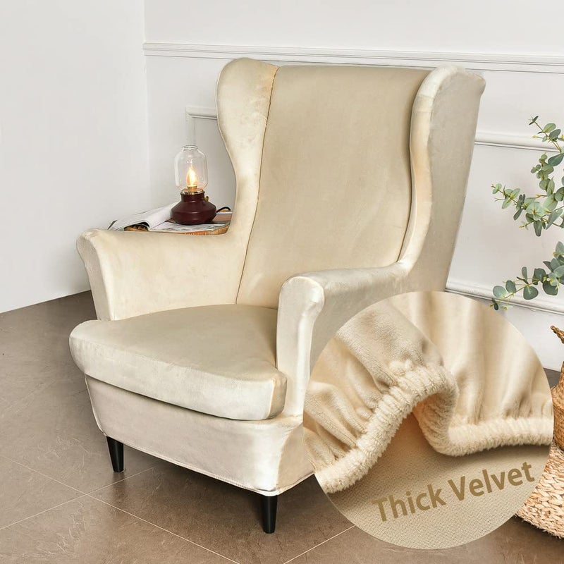 Highdi Wingback Chair Covers 2 Piece Stretch Wing Chair Slipcover Fashion Solid color Velvet Strandmon Sofa Cover Furniture Protector for Armchair Chairs Living Room Bedroom Hotel Beige