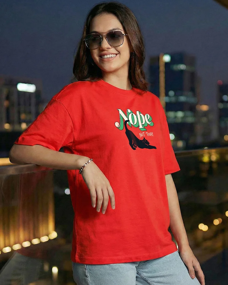 بيواكوف Women's Fiesta Red Not Today Graphic Printed Oversized T-shirt