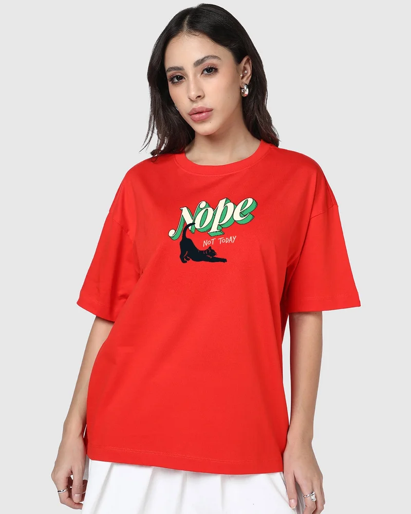 بيواكوف Women's Fiesta Red Not Today Graphic Printed Oversized T-shirt