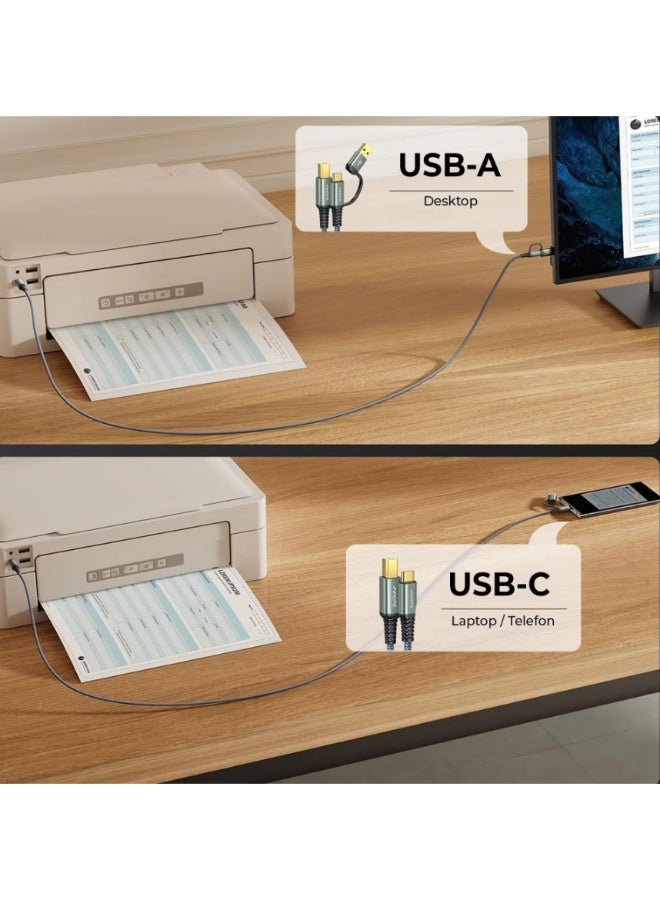 Timebox USB 2.0 كابل الطابعة, USB-C إلى USB-B 2.0, 2 في 1, 480 ميغابايت في الثانية, موصلات مطلية بالذهب, نايلون ممتاز, التوافق العالمي, تصميم رمادي أنيق, أخضر - Image 2