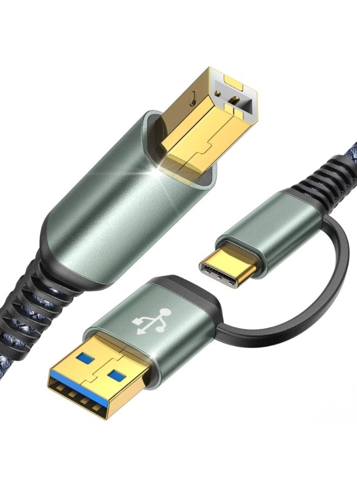 Timebox USB 2.0 كابل الطابعة, USB-C إلى USB-B 2.0, 2 في 1, 480 ميغابايت في الثانية, موصلات مطلية بالذهب, نايلون ممتاز, التوافق العالمي, تصميم رمادي أنيق, أخضر - Image 1