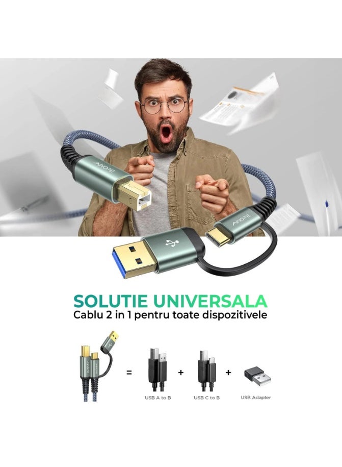 Timebox USB 2.0 كابل الطابعة, USB-C إلى USB-B 2.0, 2 في 1, 480 ميغابايت في الثانية, موصلات مطلية بالذهب, نايلون ممتاز, التوافق العالمي, تصميم رمادي أنيق, أخضر - Image 3