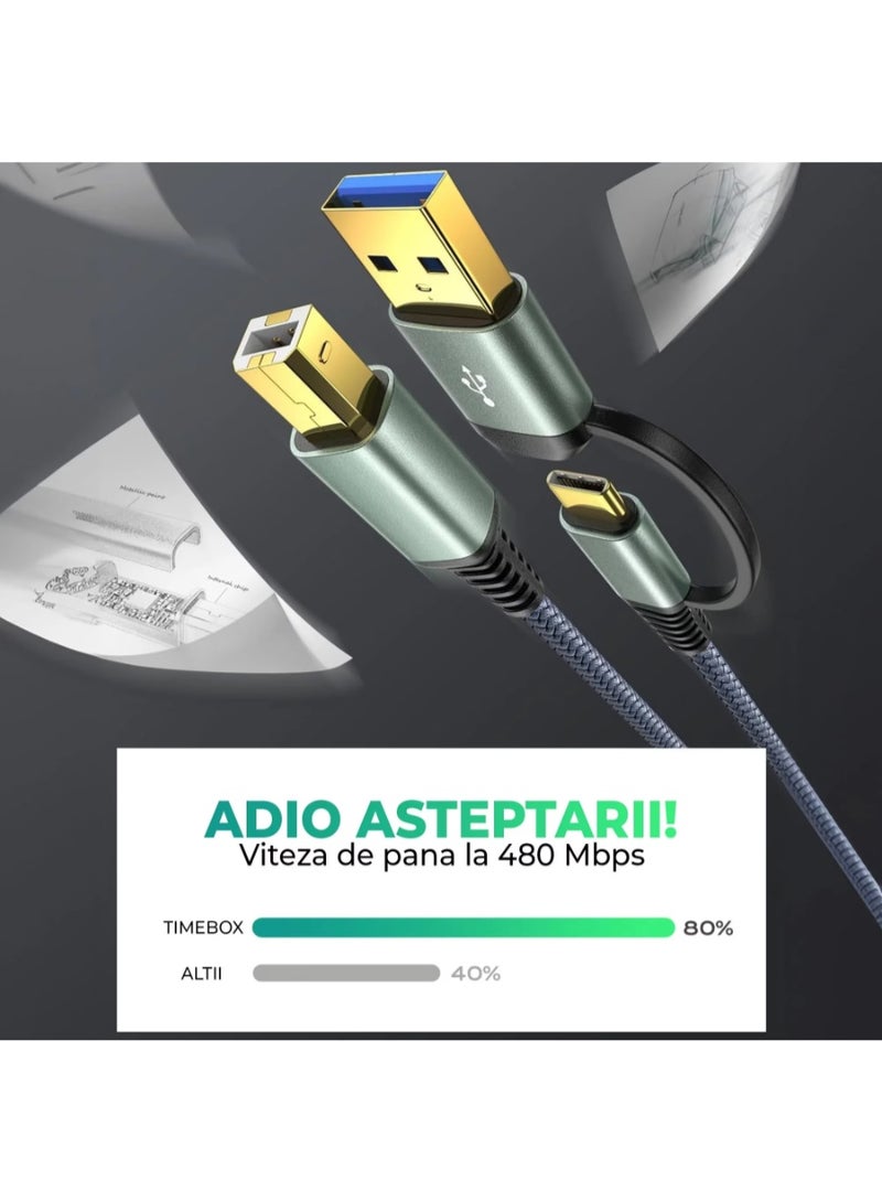 Timebox USB 2.0 كابل الطابعة, USB-C إلى USB-B 2.0, 2 في 1, 480 ميغابايت في الثانية, موصلات مطلية بالذهب, نايلون ممتاز, التوافق العالمي, تصميم رمادي أنيق, أخضر - Image 5