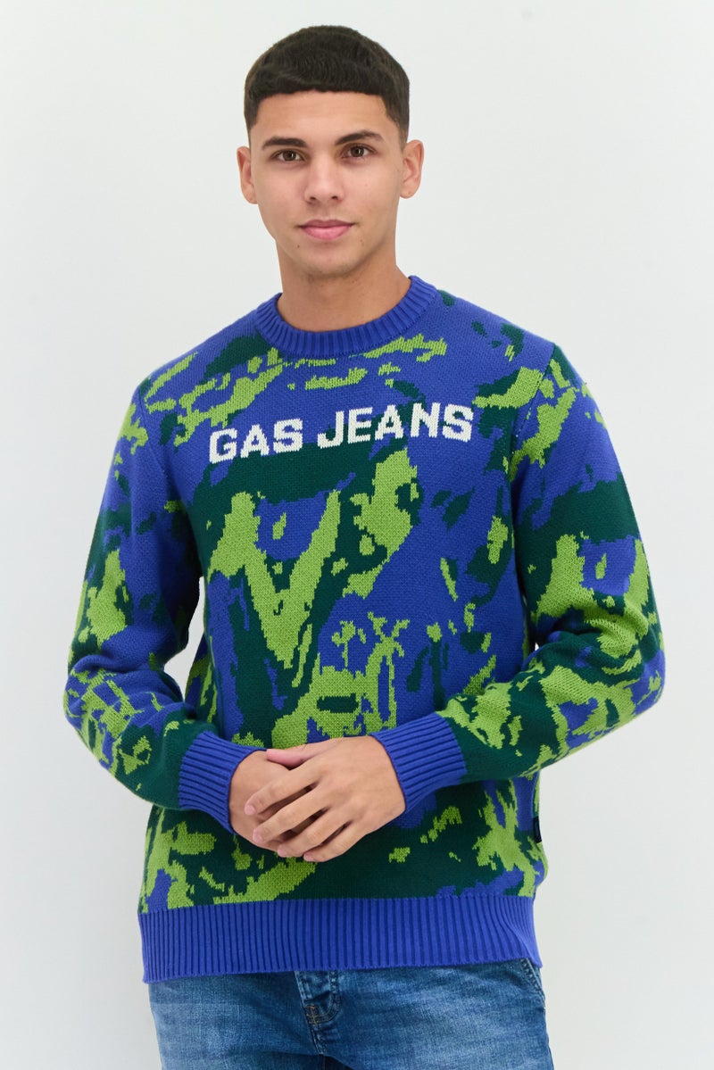Gas Jeans Men Crew Neck Brand Logo Knitted Long Sleeves Sweater, Multicolor - Image 1