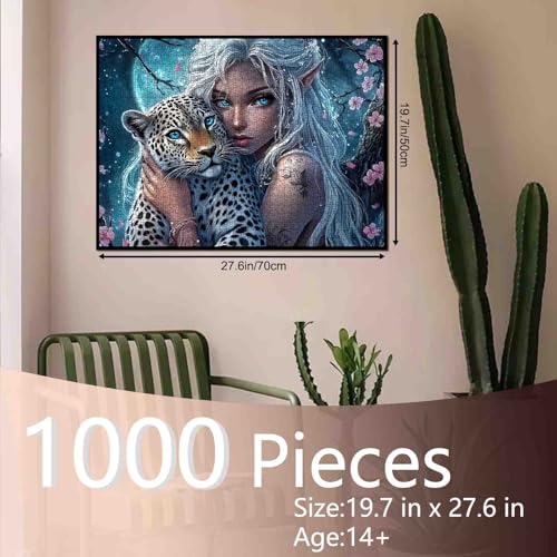 Tucocoo Night Silver Elves Jigsaw Puzzles 1000 Pieces for Adults Whitehaired Fairy 20x27Inch Beautiful Snow Leopard Moon Flowers DIY Puzzle for Home Wall Decor Realistic Fantasy Woman Art - Image 5