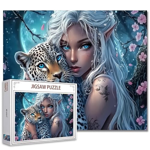 Tucocoo Night Silver Elves Jigsaw Puzzles 1000 Pieces for Adults Whitehaired Fairy 20x27Inch Beautiful Snow Leopard Moon Flowers DIY Puzzle for Home Wall Decor Realistic Fantasy Woman Art - Image 1