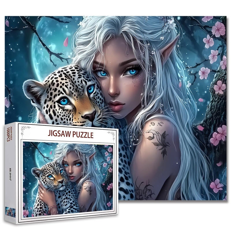 Tucocoo Night Silver Elves Jigsaw Puzzles 1000 Pieces for Adults Whitehaired Fairy 20x27Inch Beautiful Snow Leopard Moon Flowers DIY Puzzle for Home Wall Decor Realistic Fantasy Woman Art - Image 3