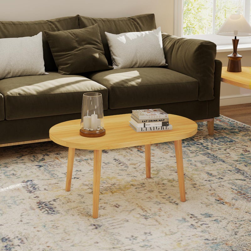 Funecy Coffee Table Low Table with Solid Wood Sturdy Legs, Floor Table Desk for Sitting on The Floor, Storage and Living Room Furniture (Natural-Oval) - Image 3