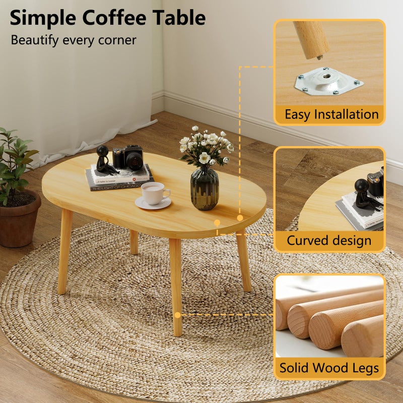 Funecy Coffee Table Low Table with Solid Wood Sturdy Legs, Floor Table Desk for Sitting on The Floor, Storage and Living Room Furniture (Natural-Oval) - Image 4