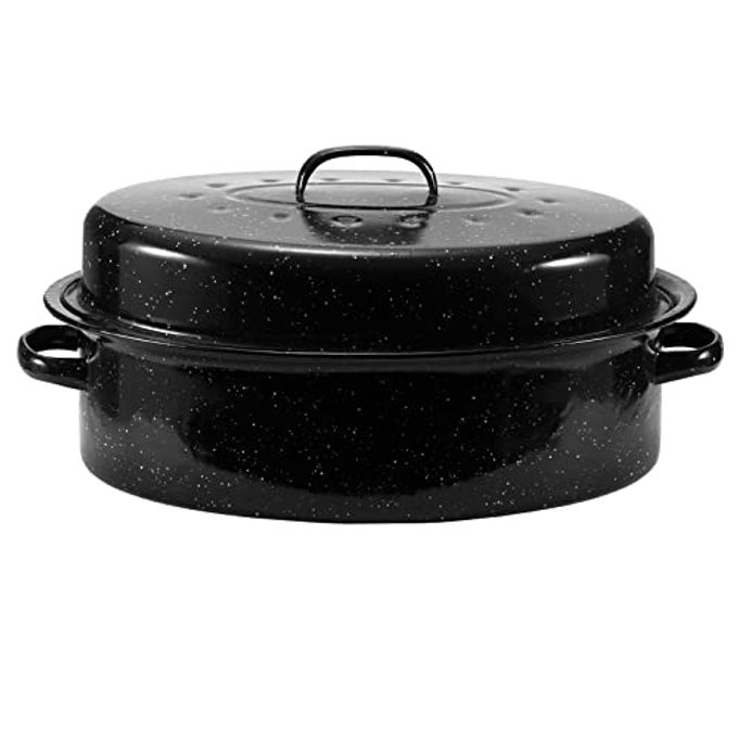 JY COOKMENT Granite Roaster Pan, 18' Enameled Roasting Pan with Domed Lid. Oval Turkey Roaster, Great for Chicken, Lamb, Vegetable. Dishwasher Safe Cookware Fit for 18Lb Turkey