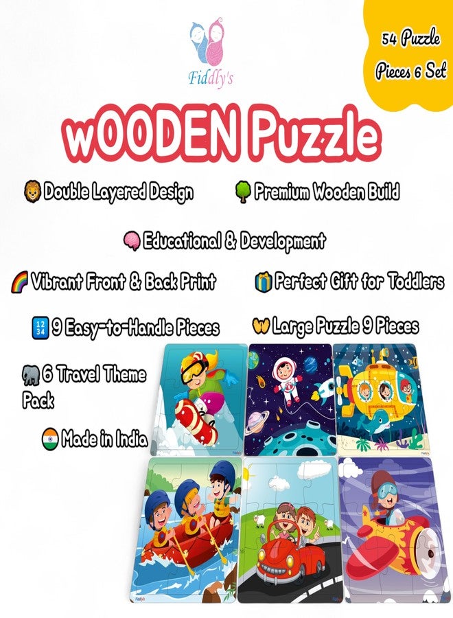 Fiddlys Wooden Jigsaw Puzzles for Kids & Children – 9 Pieces Each, Pack of 6|Double Layered Front & Back Print| Educational Toy for Boys & Girls Age 2 3 4 5 6 Year Old (Travel & Adventure) - Image 3