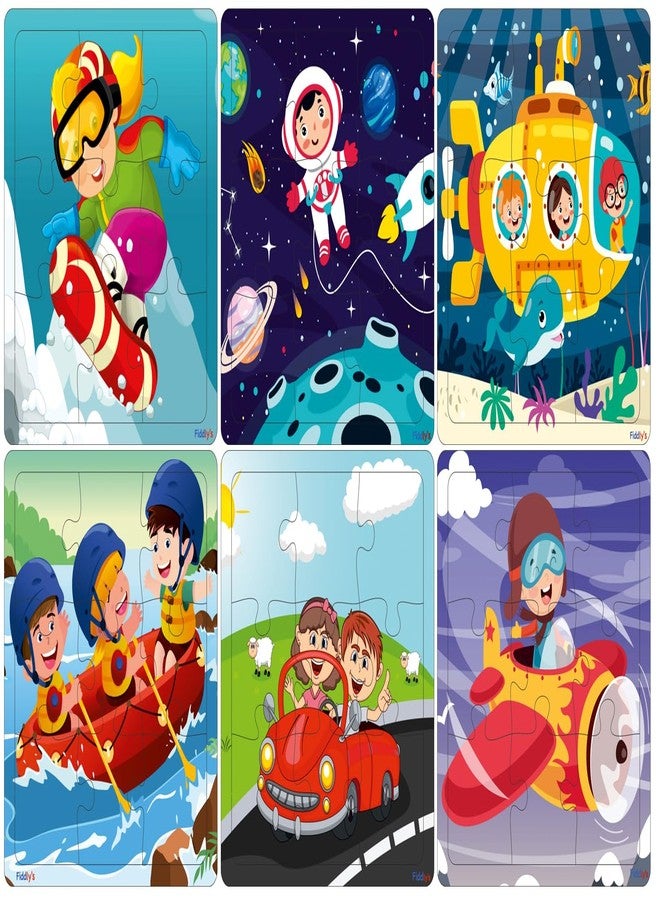 Fiddlys Wooden Jigsaw Puzzles for Kids & Children – 9 Pieces Each, Pack of 6|Double Layered Front & Back Print| Educational Toy for Boys & Girls Age 2 3 4 5 6 Year Old (Travel & Adventure) - Image 1