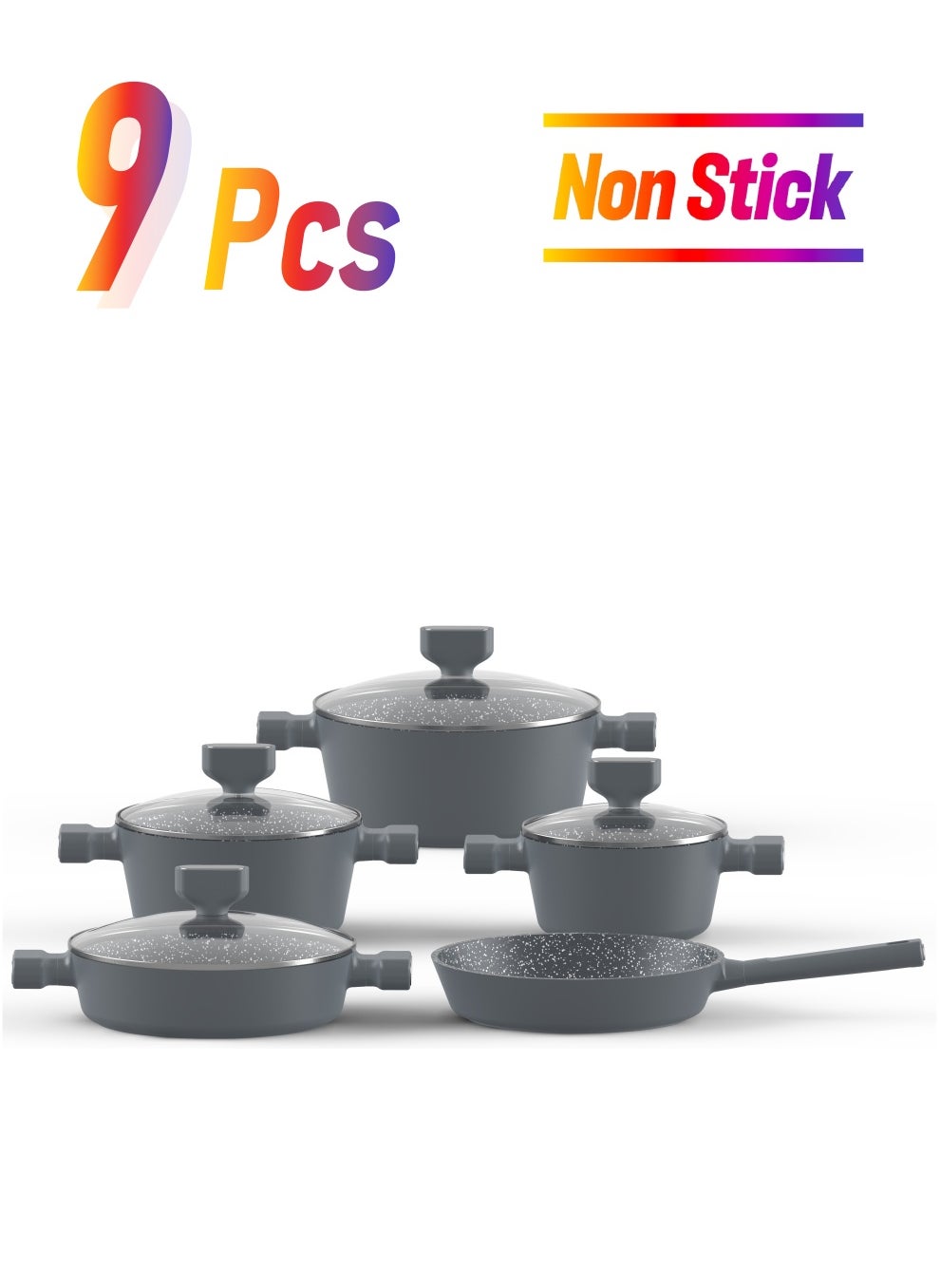 PERFECT KITCHEN 9 PCS Cookwre Set With Non Stick Surfaces - Bakelite Handles - Tempered Glass Lids Dark Gray 