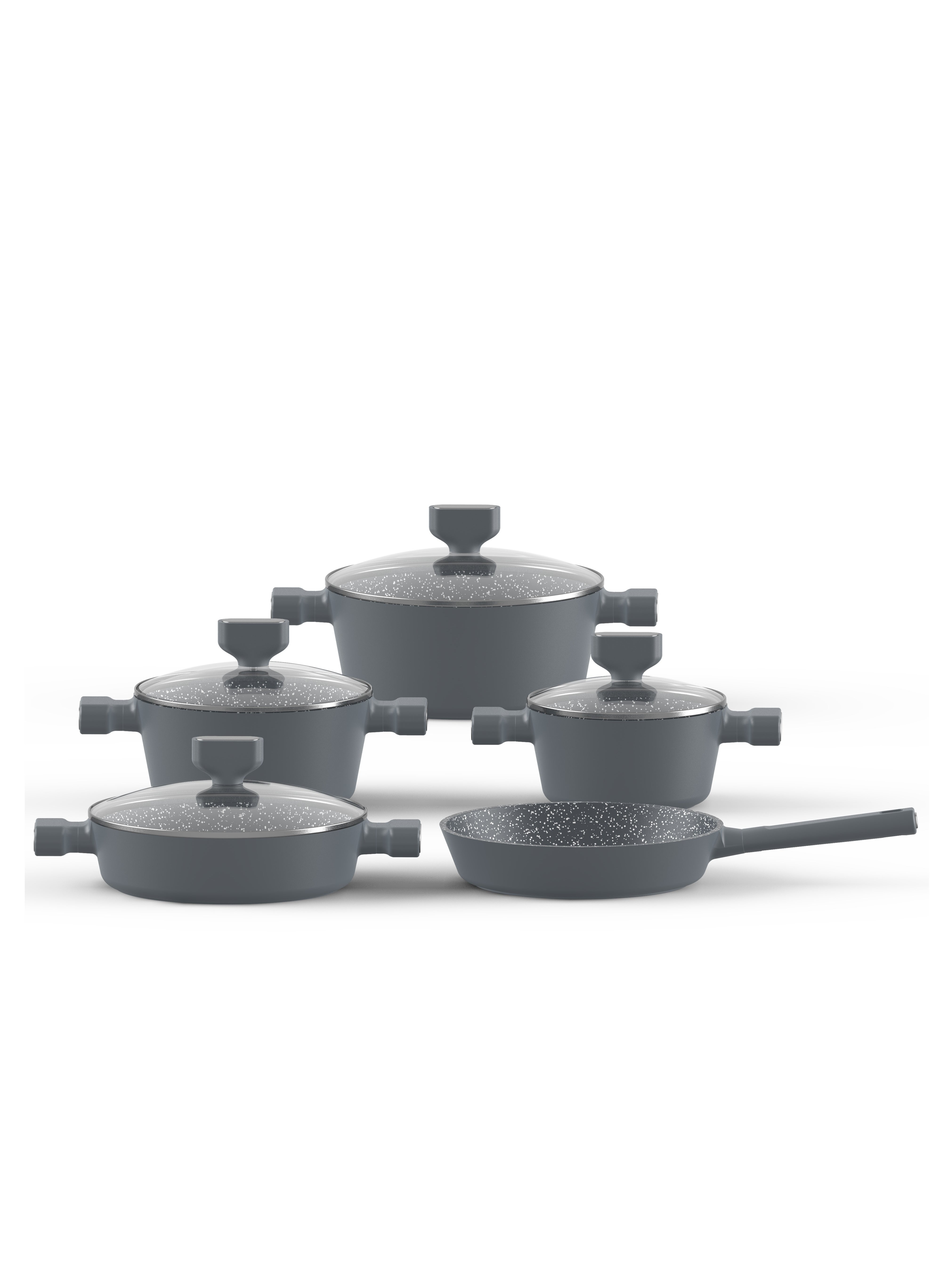 PERFECT KITCHEN 9 PCS Cookwre Set With Non Stick Surfaces - Bakelite Handles - Tempered Glass Lids Dark Gray 