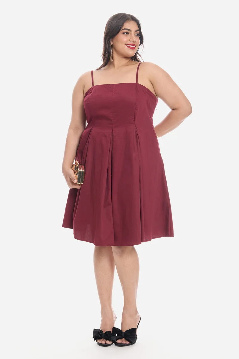 فيرجيو Solid Cotton Strappy Panelled Midi Plus Size Dress for Women