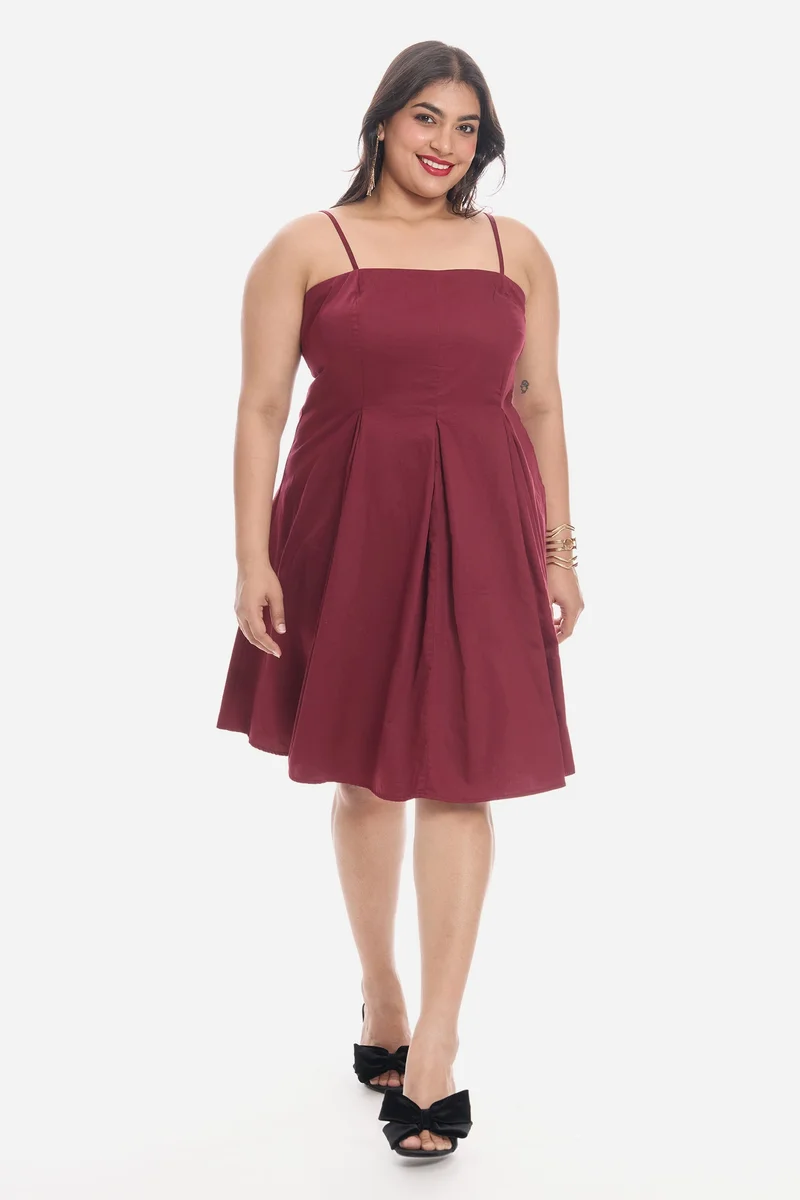 فيرجيو Solid Cotton Strappy Panelled Midi Plus Size Dress for Women