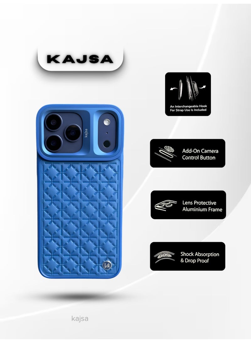 كاجسا جراب Kajsa LuxeQuilt MagSafe لهاتف iPhone 17 Pro Max - جراب جلدي مقاوم للصدمات مع إطار عدسة من الألومنيوم، وزر تحكم بالكاميرا، وخطاف حبل قابل للتبديل (حائز على جائزة Red Dot للتصميم لعام 2026) - أزرق - Image 1
