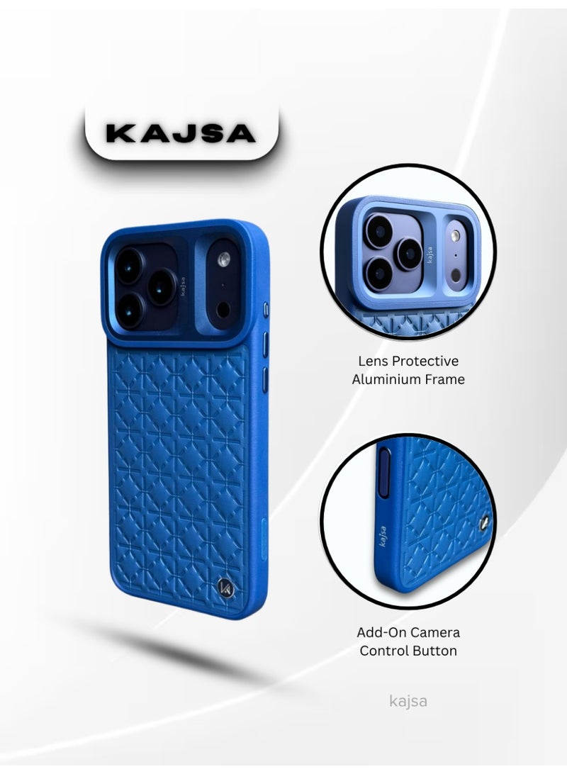 كاجسا جراب Kajsa LuxeQuilt MagSafe لهاتف iPhone 17 Pro Max - جراب جلدي مقاوم للصدمات مع إطار عدسة من الألومنيوم، وزر تحكم بالكاميرا، وخطاف حبل قابل للتبديل (حائز على جائزة Red Dot للتصميم لعام 2026) - أزرق - Image 2