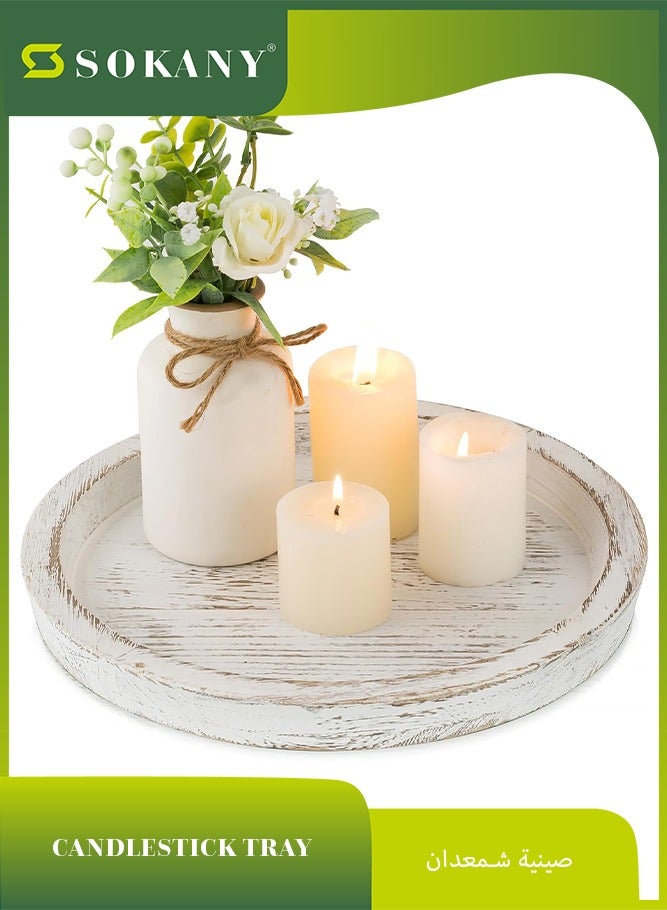 sokany Candle Plate Holder Tray: Round Wooden Decorative Candle Plate Small Farmhouse Table Centerpiece Rustic White Wood Tealight Pillar Trays for  Wedding  Home Decor - Image 1