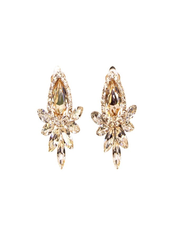 Faship Teardrop Champagne Brown Rhinestone Crystal Floral Clip On Earrings - Champagne - Image 1