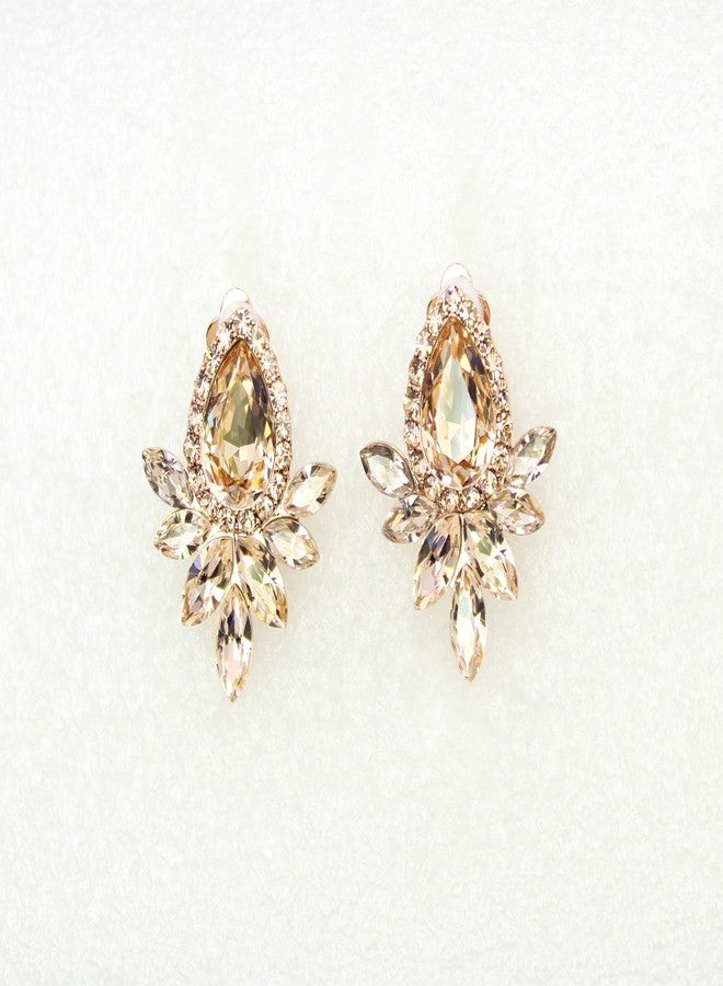 Faship Teardrop Champagne Brown Rhinestone Crystal Floral Clip On Earrings - Champagne - Image 2
