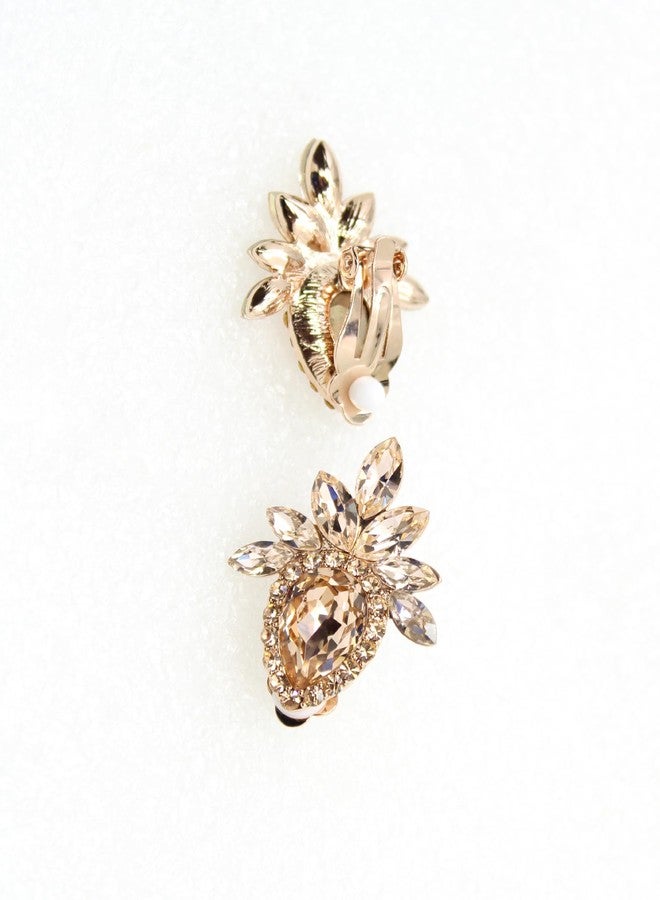 Faship Teardrop Champagne Brown Rhinestone Crystal Floral Clip On Earrings - Champagne - Image 4