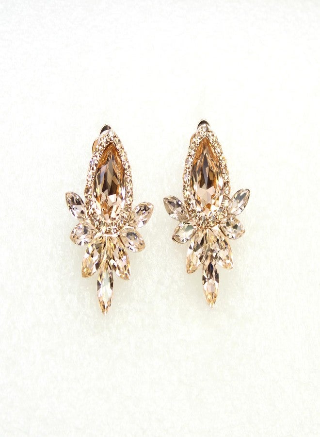 Faship Teardrop Champagne Brown Rhinestone Crystal Floral Clip On Earrings - Champagne - Image 3