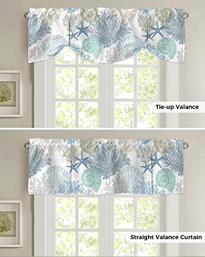 LooPoP Tie Up Valance for Windows Nautical Coastal Ocean Coral Curtains Valances Rod Pocket Valance Window Treatments Beach Themed Blue Teal Balloon Curtains for Kitchen Living Room Bedroom Bathroom 42x12 - Image 5