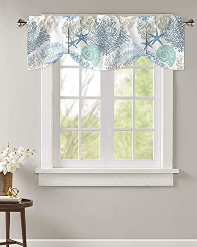 LooPoP Tie Up Valance for Windows Nautical Coastal Ocean Coral Curtains Valances Rod Pocket Valance Window Treatments Beach Themed Blue Teal Balloon Curtains for Kitchen Living Room Bedroom Bathroom 42x12 - Image 2