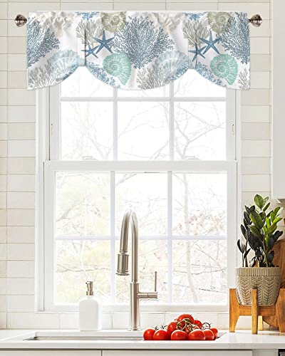 LooPoP Tie Up Valance for Windows Nautical Coastal Ocean Coral Curtains Valances Rod Pocket Valance Window Treatments Beach Themed Blue Teal Balloon Curtains for Kitchen Living Room Bedroom Bathroom 42x12 - Image 4