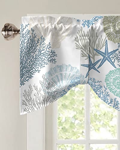 LooPoP Tie Up Valance for Windows Nautical Coastal Ocean Coral Curtains Valances Rod Pocket Valance Window Treatments Beach Themed Blue Teal Balloon Curtains for Kitchen Living Room Bedroom Bathroom 42x12 - Image 3
