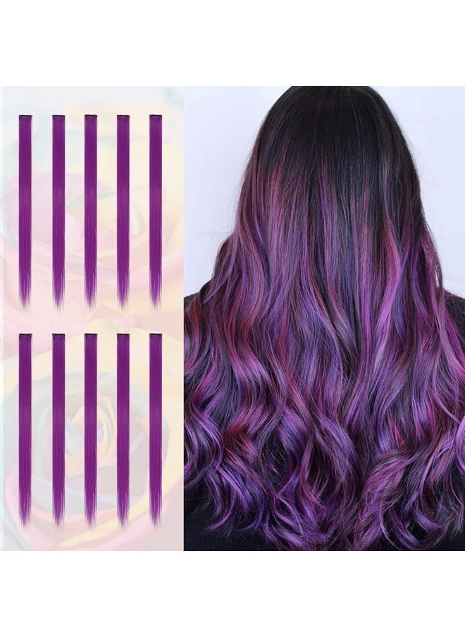 SOFEIYAN SOFEIYAN 10 Pcs Colored Hair Extensions Party Highlights Colorful Clip in Hair Extensions 22 Inch Straight Synthetic Hairpieces for Women Kids Girls Halloween Christmas Cosplay, 10pcs Purple  - Image 1