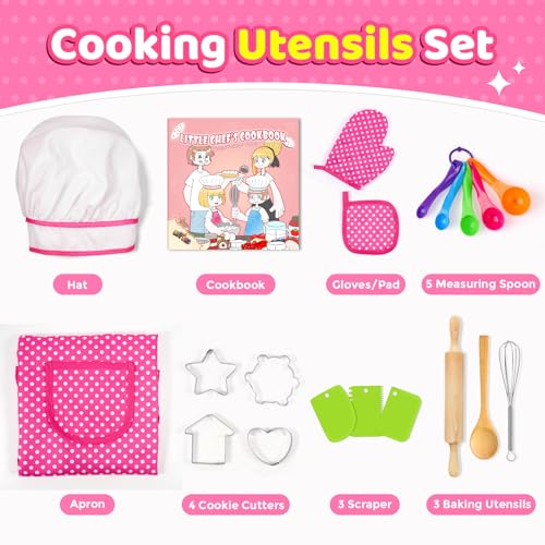 Toyze Gifts for 3-8 Year Old Girls, Kids Apron for Girls Kids Cooking Set, Toddler Apron for Kids Chef Hat and Apron, Toys for 3-12 Year Old Girls 20Pcs Pink- with Cookbook - Image 3