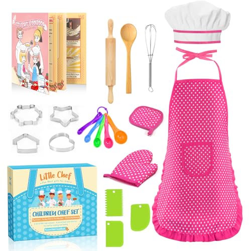 Toyze Gifts for 3-8 Year Old Girls, Kids Apron for Girls Kids Cooking Set, Toddler Apron for Kids Chef Hat and Apron, Toys for 3-12 Year Old Girls 20Pcs Pink- with Cookbook - Image 1