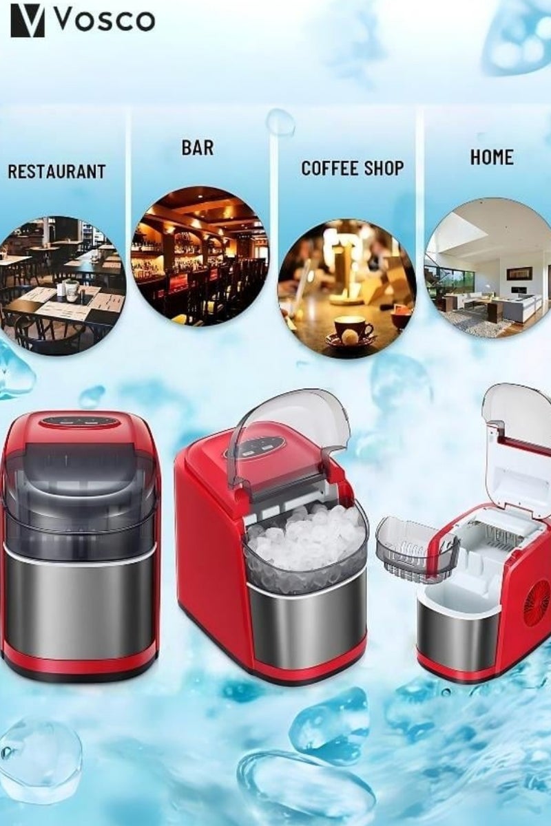 Vosco Red Ice Maker – Compact 12Kg/Day, 9 Cubes in 6 Mins, 2 Sizes, Portable for Home & Office - Image 4