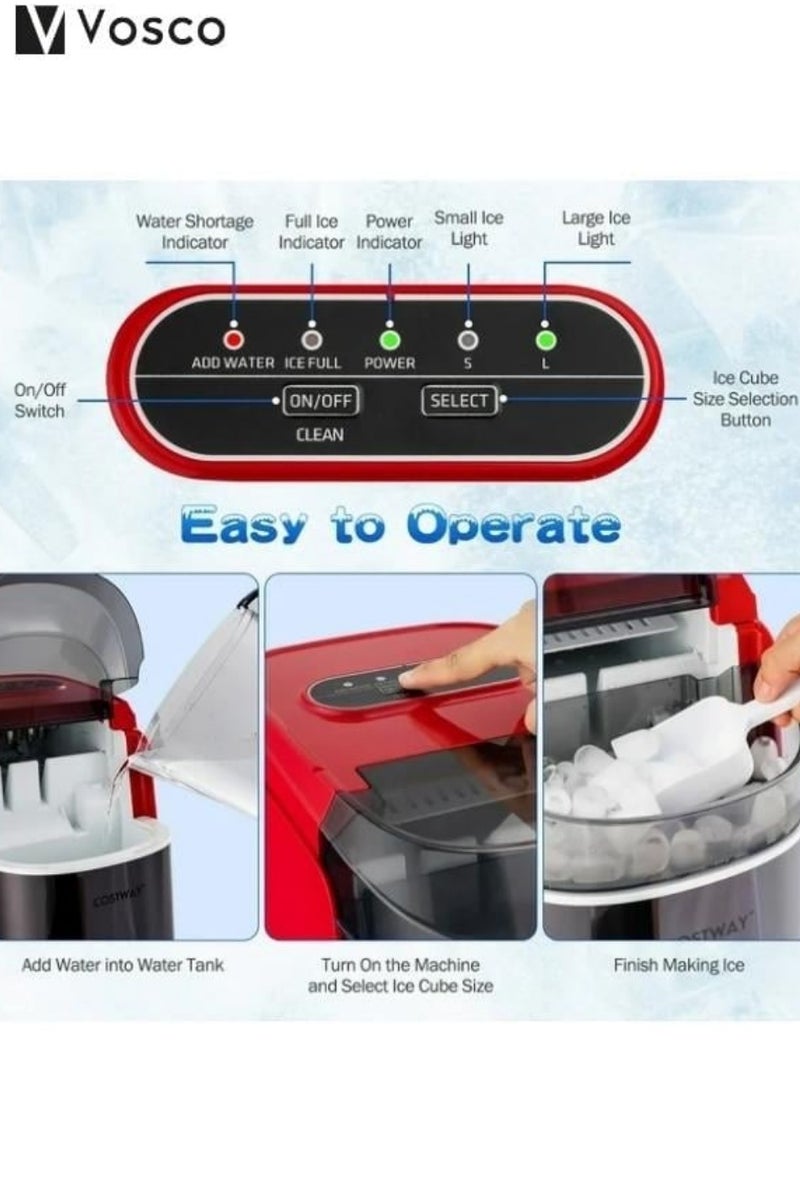 Vosco Red Ice Maker – Compact 12Kg/Day, 9 Cubes in 6 Mins, 2 Sizes, Portable for Home & Office - Image 5