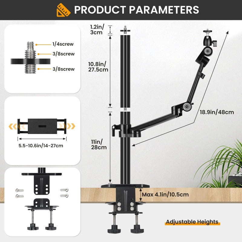 TARION Camera Arm Desk Mount: Heavy Duty DSLR Desktop Mount Camera Stand with Tablet Holder Double C Clamp 1/4 3/8 Screw Adapter Articulating Arm for Selfie Streaming Videography TitanRig Lite Z - Image 4